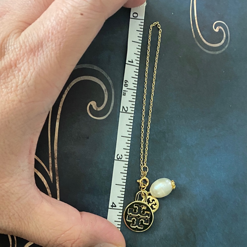 Tory Burch Gold-Tone Logo Pendant Necklace with Pearl Charm